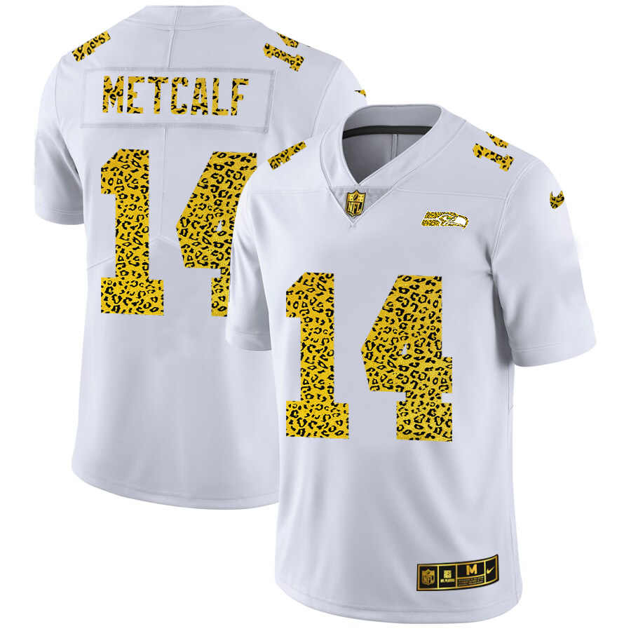 Cheap Custom Seattle Seahawks 14 DK Metcalf Men Nike Flocked Leopard Print Vapor Limited NFL Jersey White